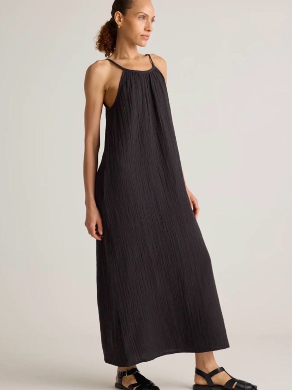 Quince Black Pleated Halter Maxi Dress